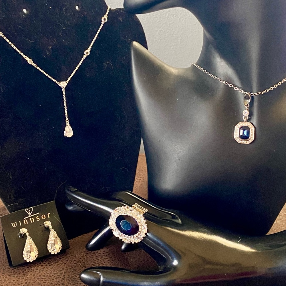 NWT Windsor Earrings, Sapphire Blue & Silvertone Rhinestone Necklaces with Ring